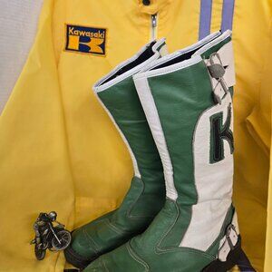 1970's lot of 3! Vintage Kawasaki Motocross Dirtbike biking boots buckle jacket